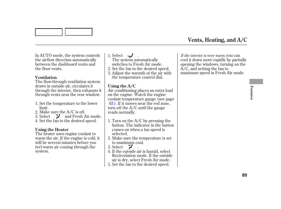 Vents, heating, and a/c | HONDA 2005 Civic Hybrid - Owner's Manual User Manual | Page 91 / 228