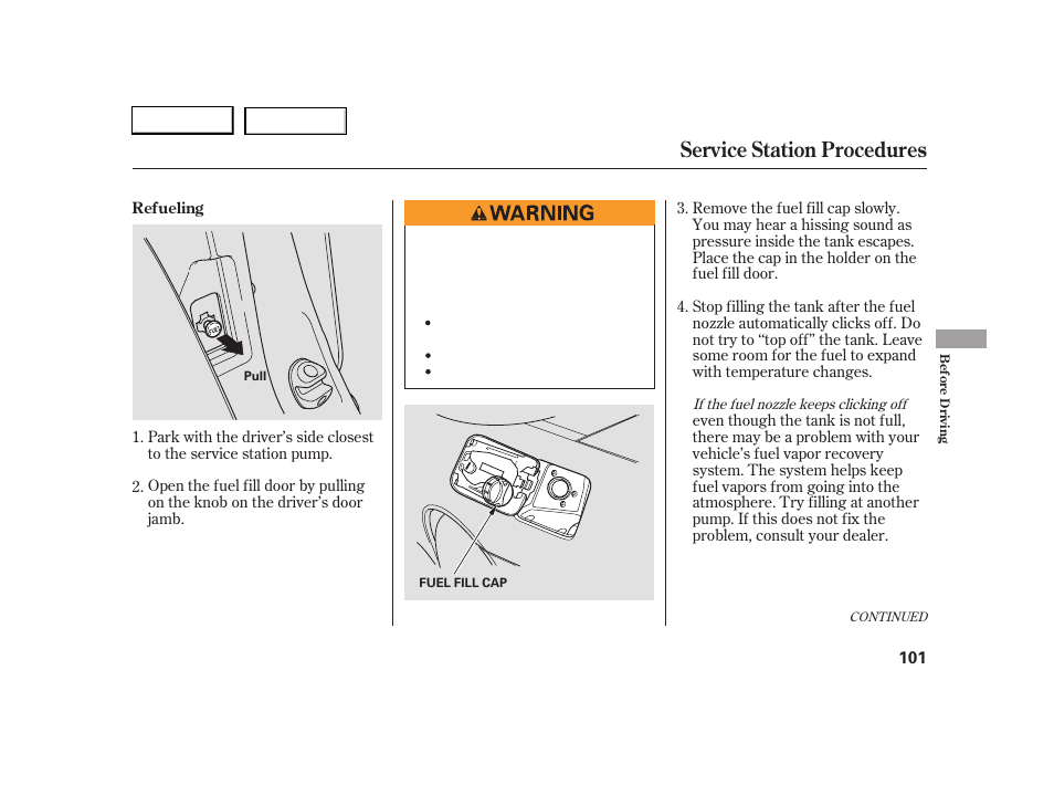 Service station procedures | HONDA 2005 S2000 - Owner's Manual User Manual | Page 103 / 209