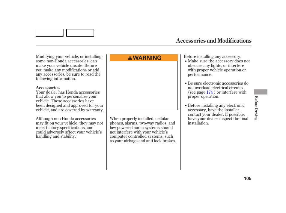 Accessories and modifications | HONDA 2005 S2000 - Owner's Manual User Manual | Page 107 / 209