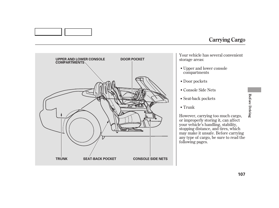 Carrying cargo | HONDA 2005 S2000 - Owner's Manual User Manual | Page 109 / 209