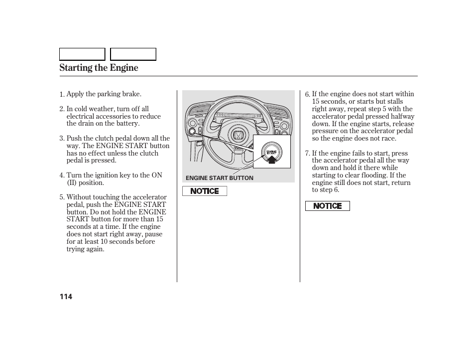 Starting the engine | HONDA 2005 S2000 - Owner's Manual User Manual | Page 116 / 209