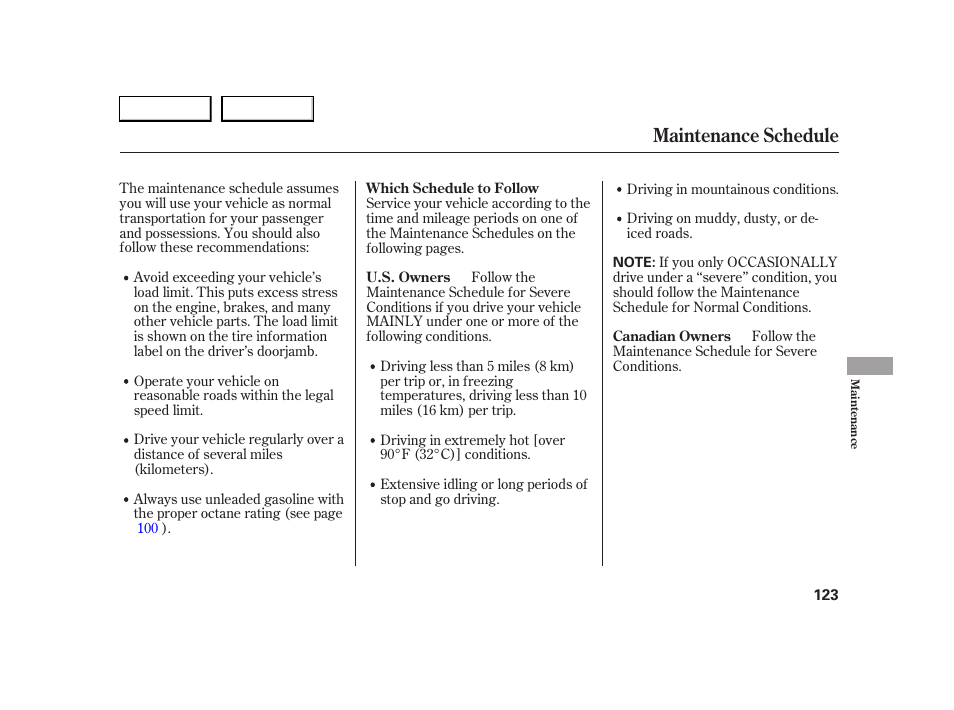 Maintenance schedule | HONDA 2005 S2000 - Owner's Manual User Manual | Page 125 / 209