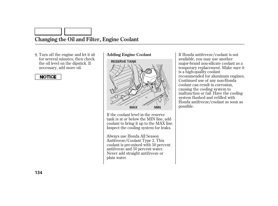Changing the oil and filter, engine coolant | HONDA 2005 S2000 - Owner's Manual User Manual | Page 136 / 209