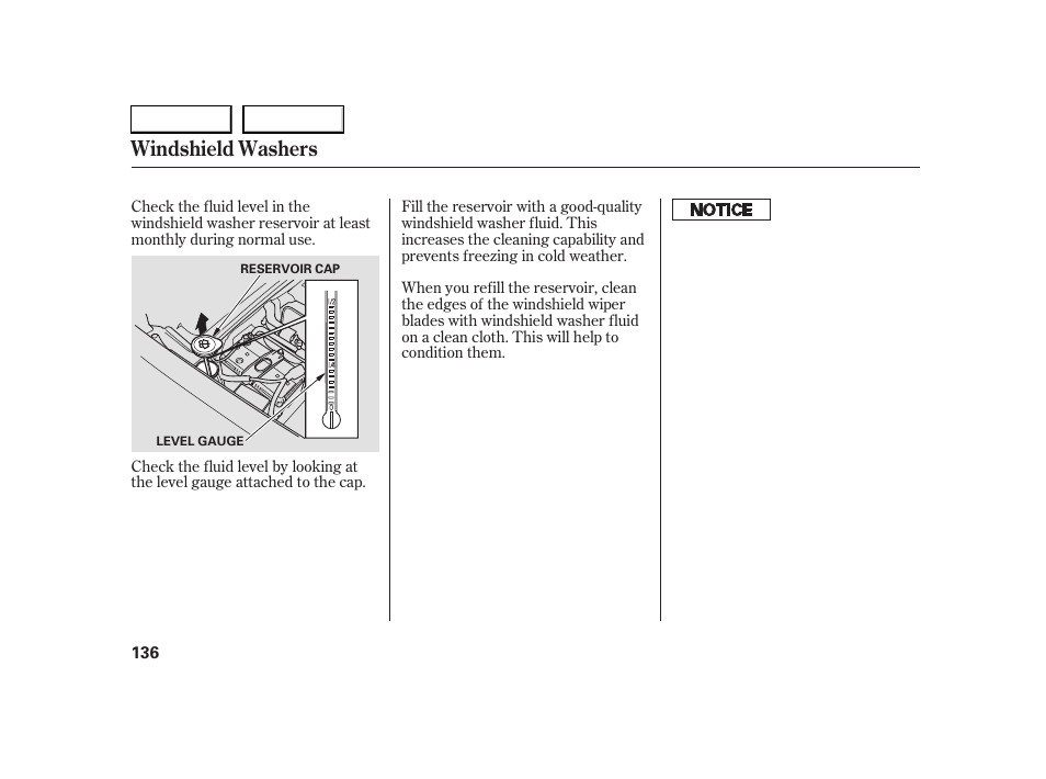 Windshield washers | HONDA 2005 S2000 - Owner's Manual User Manual | Page 138 / 209