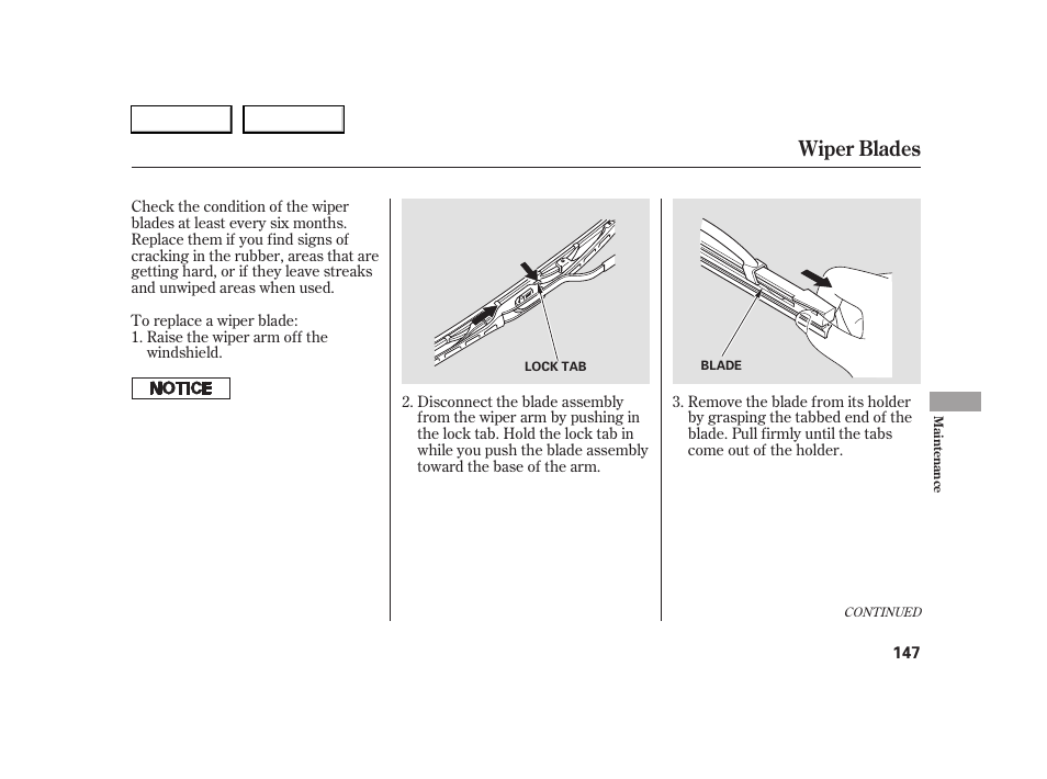 Wiper blades | HONDA 2005 S2000 - Owner's Manual User Manual | Page 149 / 209