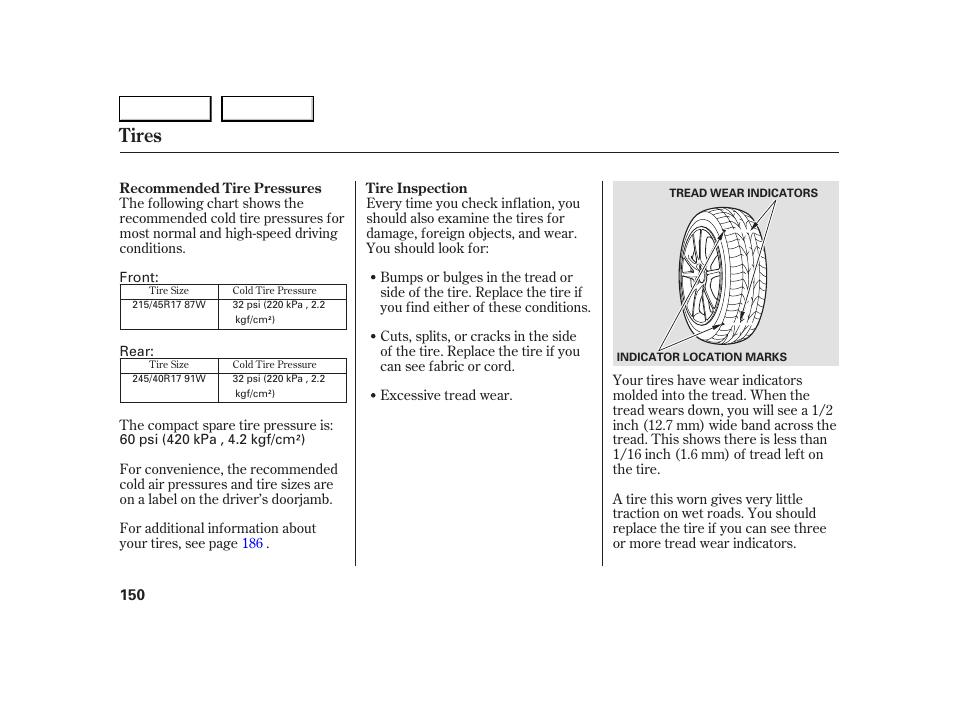 Tires | HONDA 2005 S2000 - Owner's Manual User Manual | Page 152 / 209