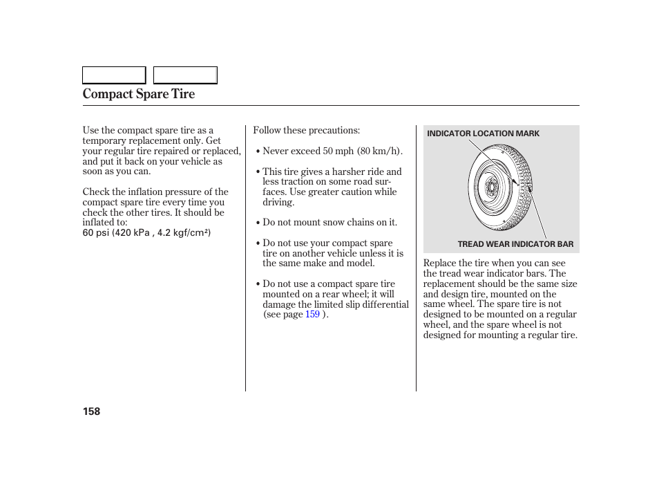Compact spare tire | HONDA 2005 S2000 - Owner's Manual User Manual | Page 160 / 209