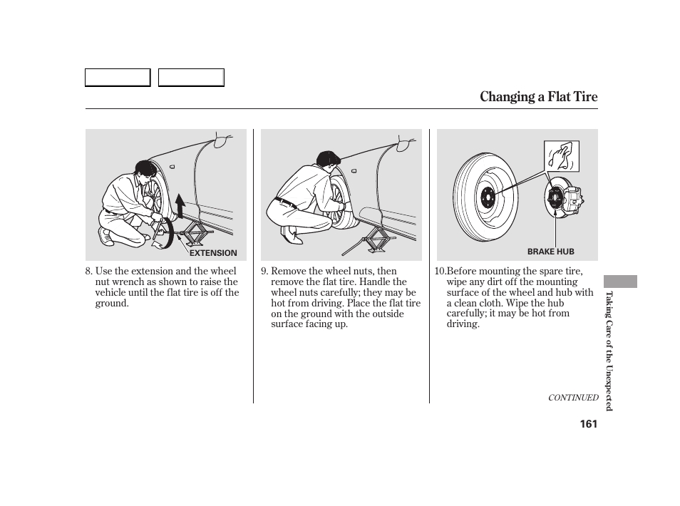 Changing a flat tire | HONDA 2005 S2000 - Owner's Manual User Manual | Page 163 / 209