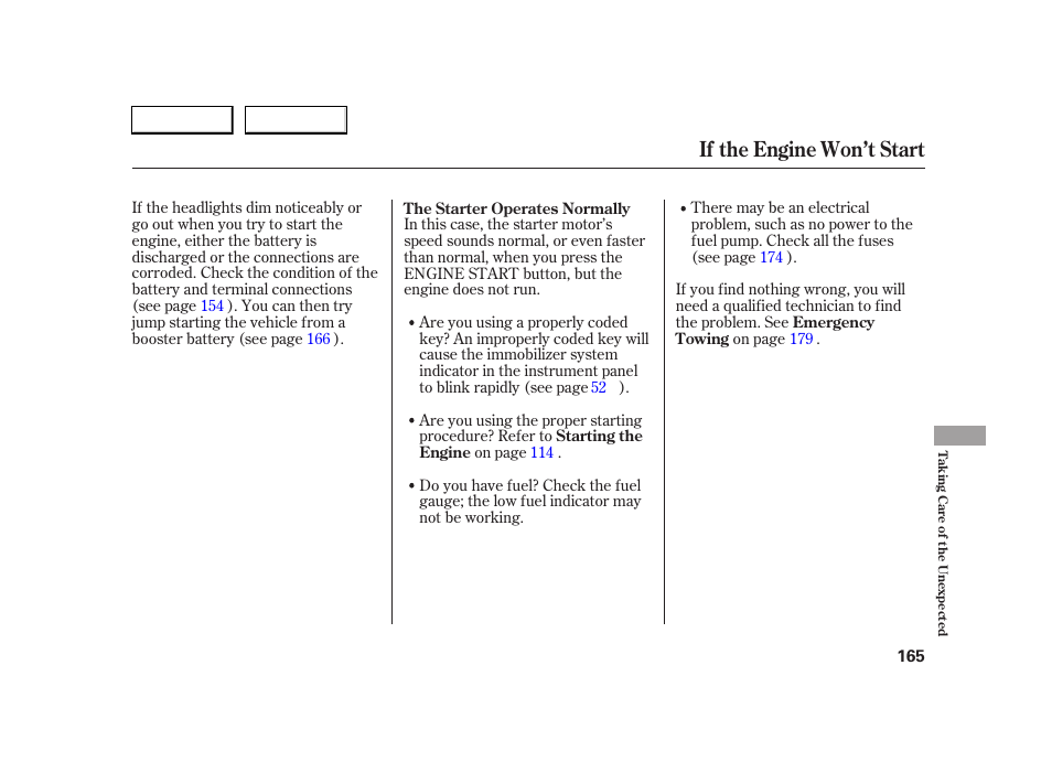 If the engine won’t start | HONDA 2005 S2000 - Owner's Manual User Manual | Page 167 / 209