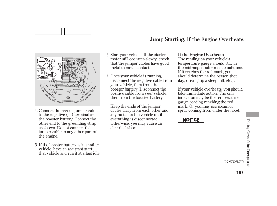 Jump starting, if the engine overheats | HONDA 2005 S2000 - Owner's Manual User Manual | Page 169 / 209