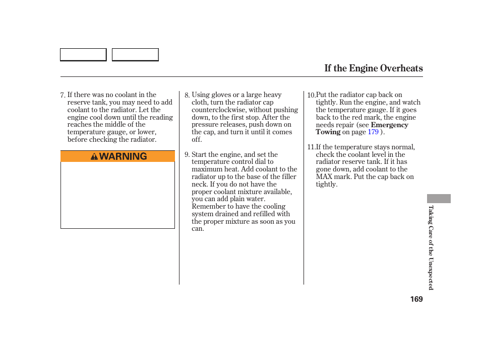 If the engine overheats | HONDA 2005 S2000 - Owner's Manual User Manual | Page 171 / 209