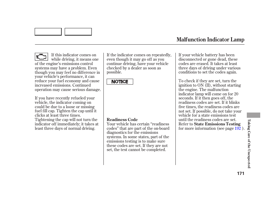 Malfunction indicator lamp | HONDA 2005 S2000 - Owner's Manual User Manual | Page 173 / 209