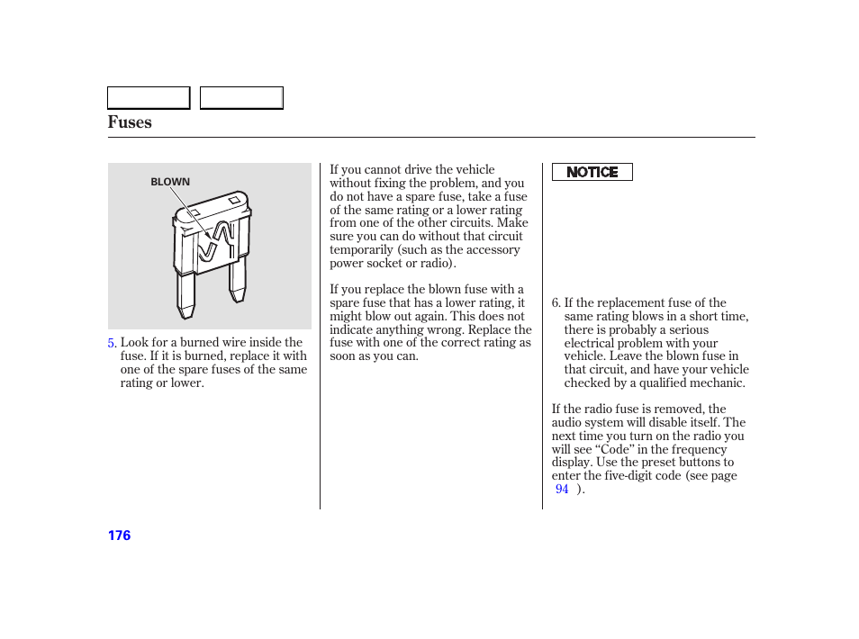 Fuses | HONDA 2005 S2000 - Owner's Manual User Manual | Page 178 / 209