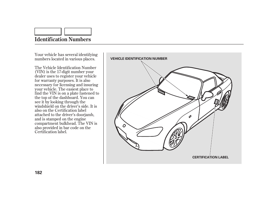 Identification numbers | HONDA 2005 S2000 - Owner's Manual User Manual | Page 184 / 209