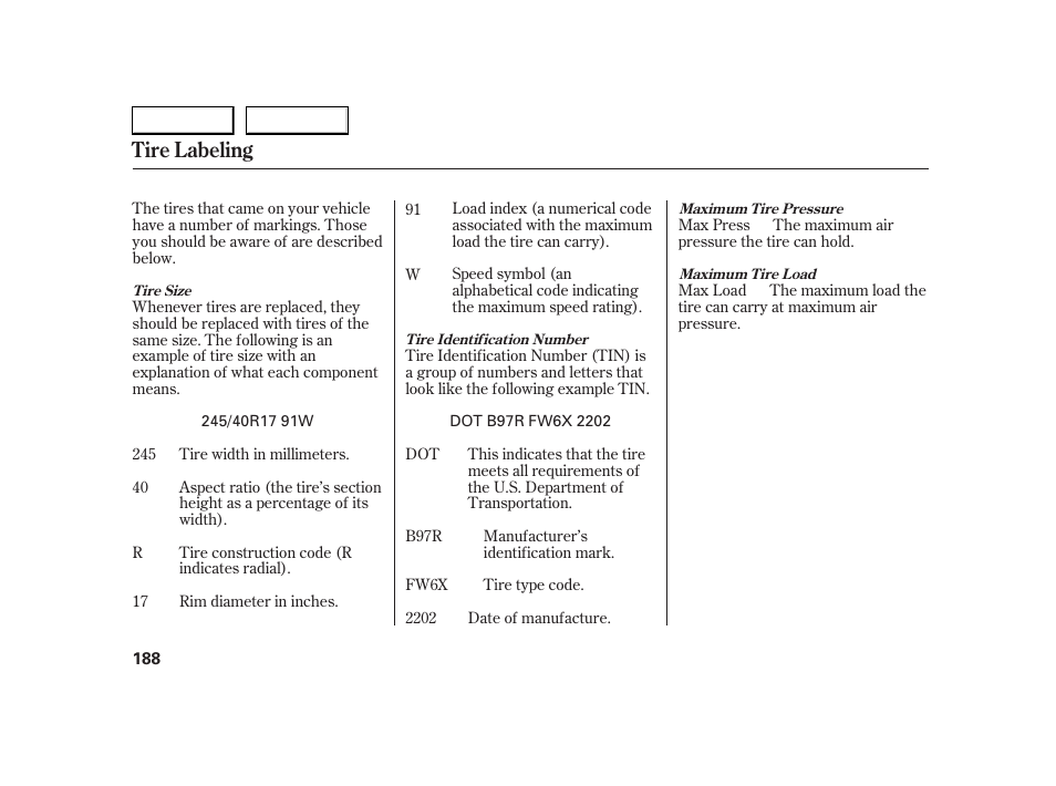 Tire labeling | HONDA 2005 S2000 - Owner's Manual User Manual | Page 190 / 209