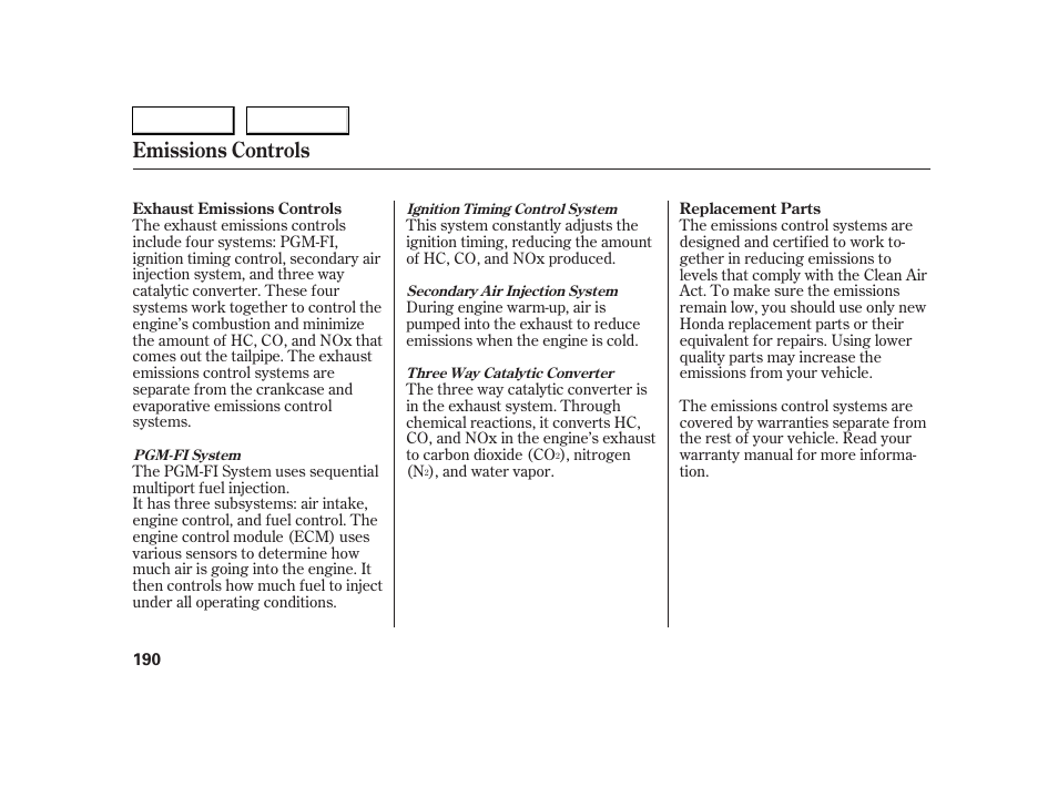 Emissions controls | HONDA 2005 S2000 - Owner's Manual User Manual | Page 192 / 209