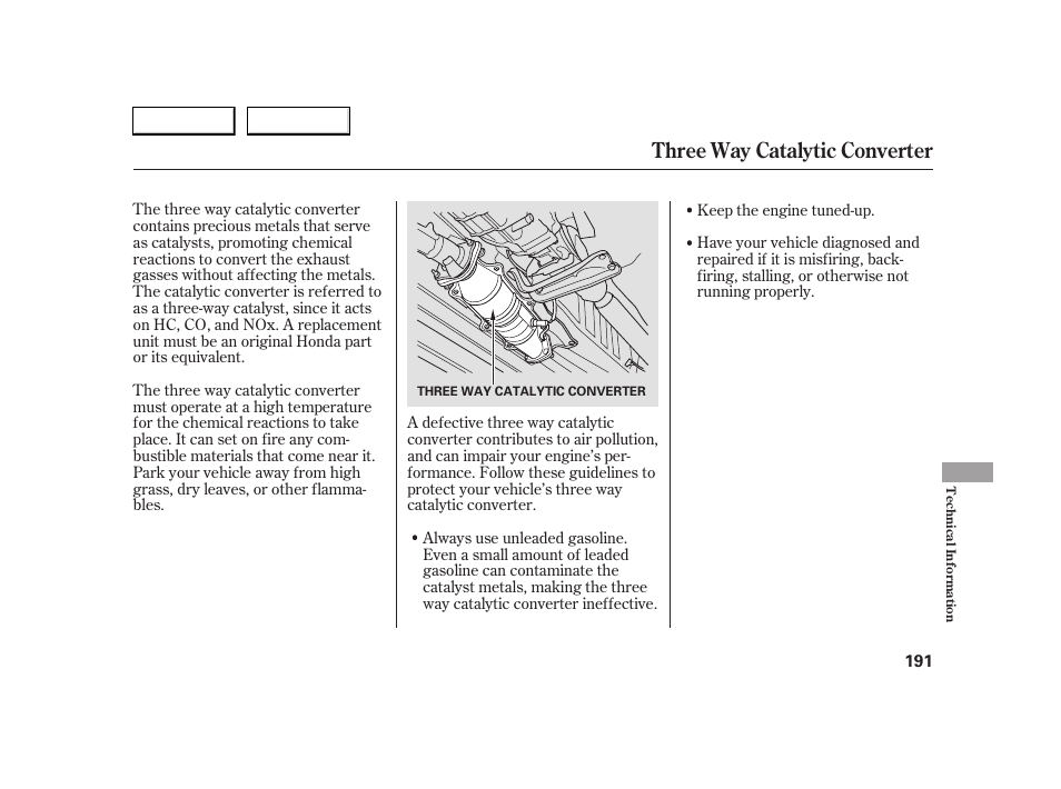 Three way catalytic converter | HONDA 2005 S2000 - Owner's Manual User Manual | Page 193 / 209