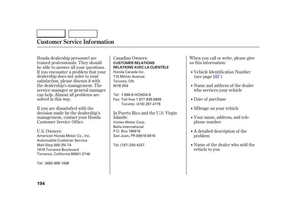 Customer service information | HONDA 2005 S2000 - Owner's Manual User Manual | Page 196 / 209