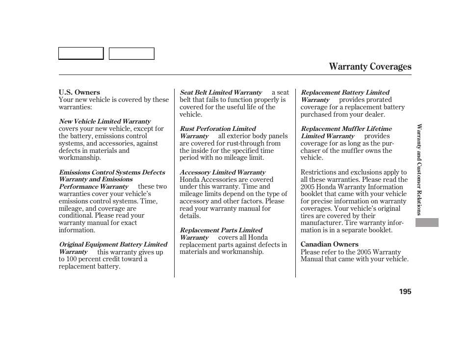 Warranty coverages | HONDA 2005 S2000 - Owner's Manual User Manual | Page 197 / 209
