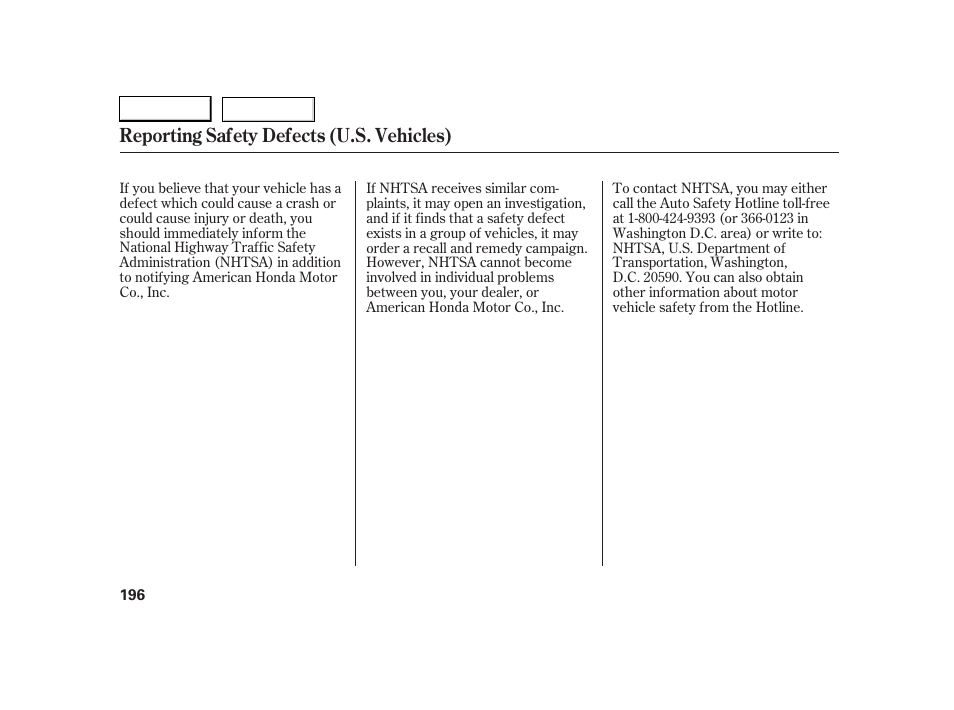 Reporting safety defects (u.s. vehicles) | HONDA 2005 S2000 - Owner's Manual User Manual | Page 198 / 209