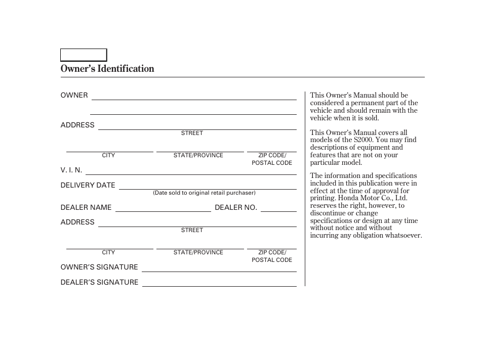 Owner's identification form, Owner’s identification | HONDA 2005 S2000 - Owner's Manual User Manual | Page 2 / 209