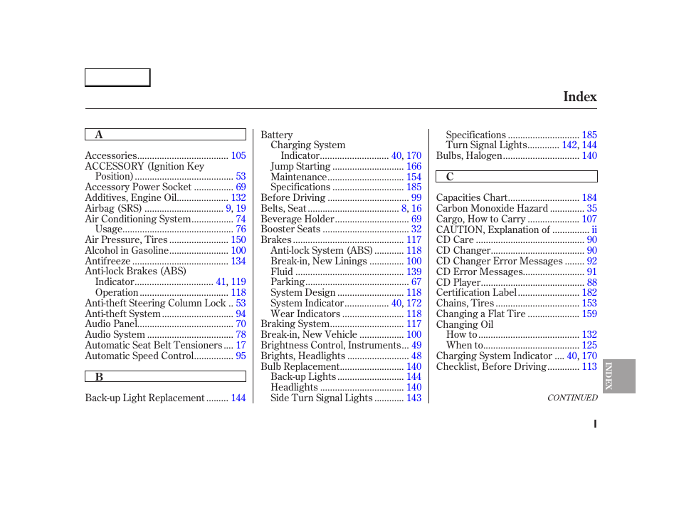 Index | HONDA 2005 S2000 - Owner's Manual User Manual | Page 201 / 209