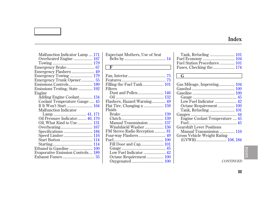 Index | HONDA 2005 S2000 - Owner's Manual User Manual | Page 203 / 209