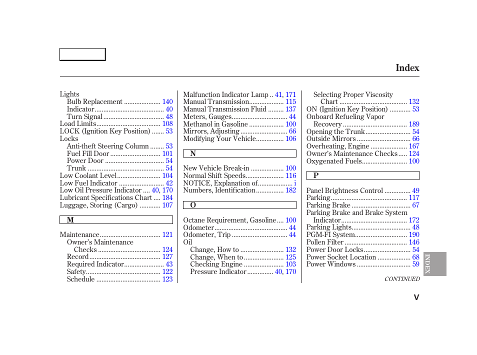 Index | HONDA 2005 S2000 - Owner's Manual User Manual | Page 205 / 209