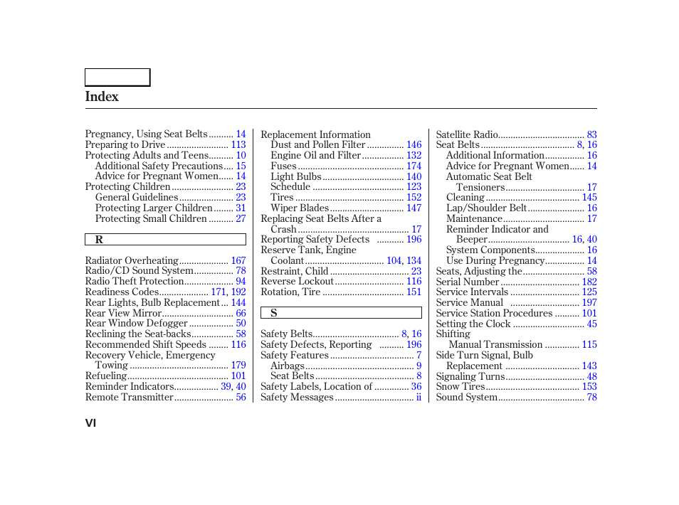 Index | HONDA 2005 S2000 - Owner's Manual User Manual | Page 206 / 209