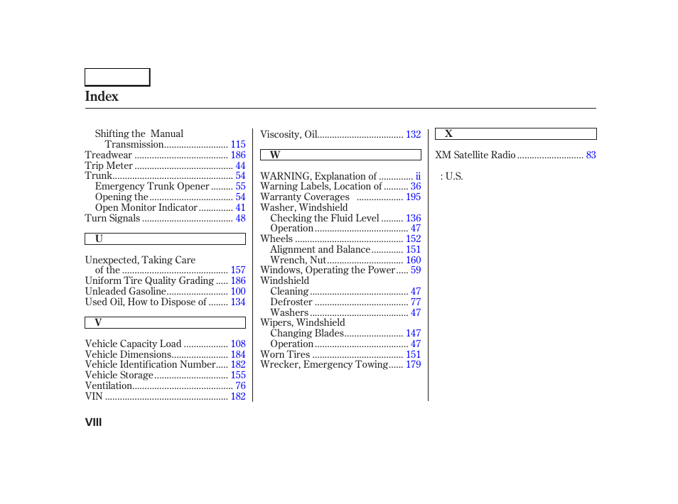 Index | HONDA 2005 S2000 - Owner's Manual User Manual | Page 208 / 209