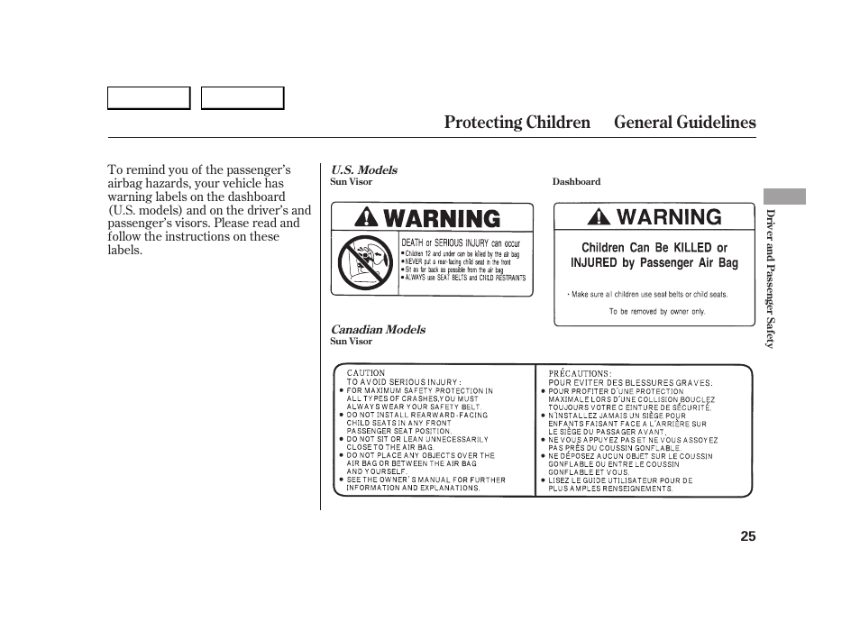 Protecting children general guidelines | HONDA 2005 S2000 - Owner's Manual User Manual | Page 27 / 209