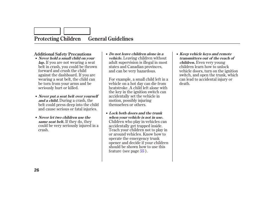 Protecting children general guidelines | HONDA 2005 S2000 - Owner's Manual User Manual | Page 28 / 209