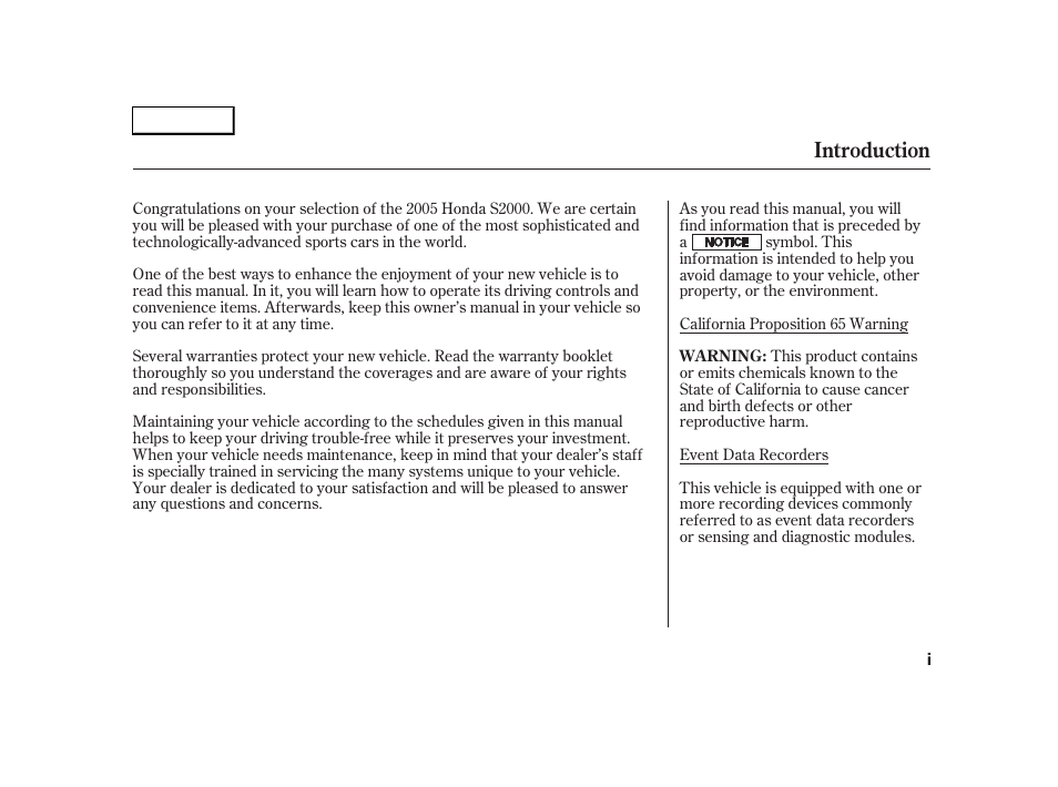 Introduction | HONDA 2005 S2000 - Owner's Manual User Manual | Page 3 / 209
