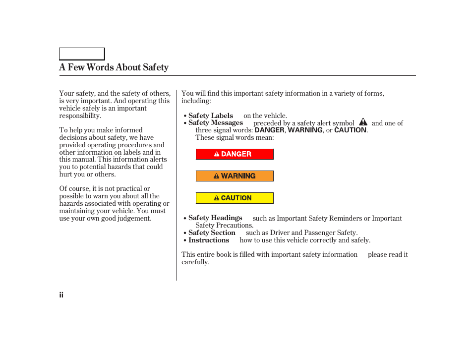 A few words about safety | HONDA 2005 S2000 - Owner's Manual User Manual | Page 4 / 209