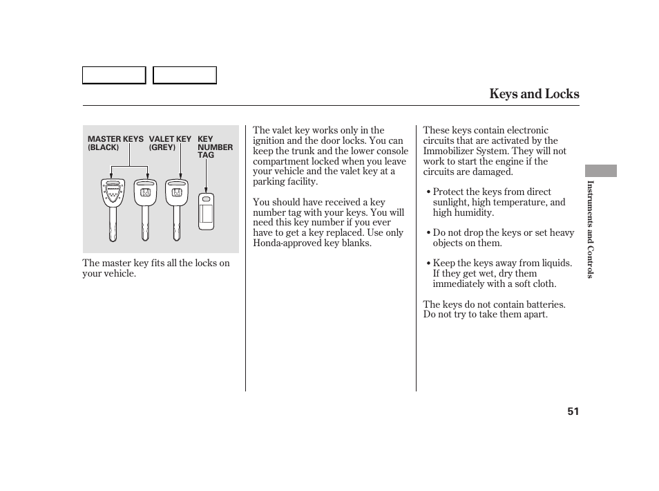 Keys and locks | HONDA 2005 S2000 - Owner's Manual User Manual | Page 53 / 209