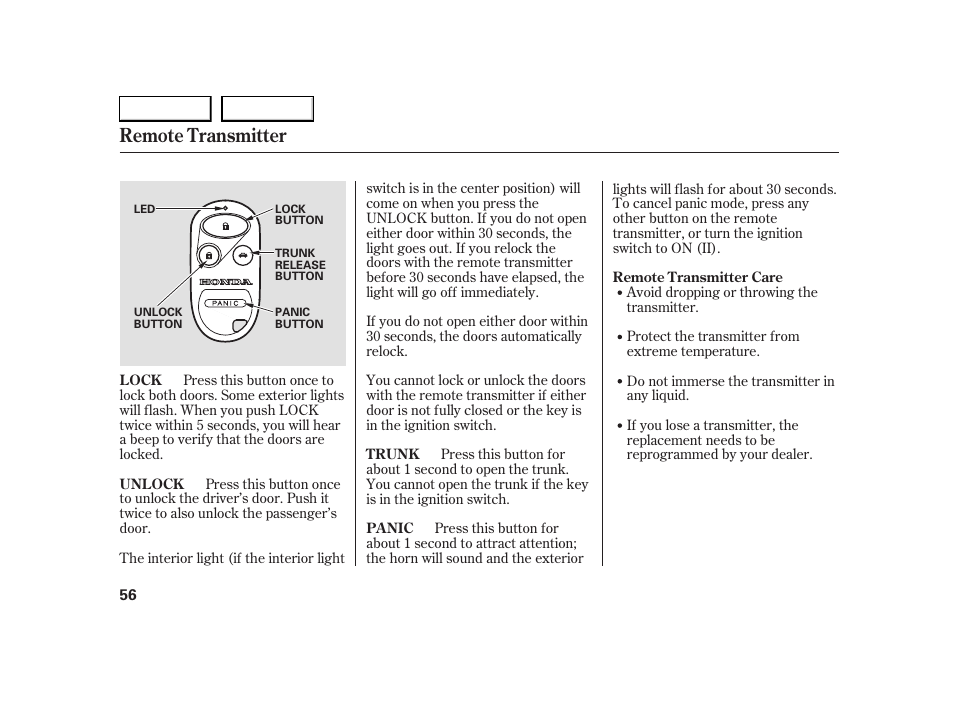 Remote transmitter | HONDA 2005 S2000 - Owner's Manual User Manual | Page 58 / 209