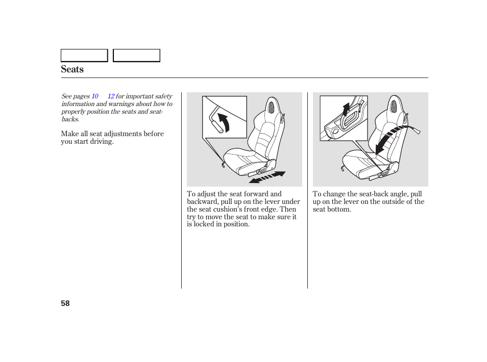 Seats | HONDA 2005 S2000 - Owner's Manual User Manual | Page 60 / 209
