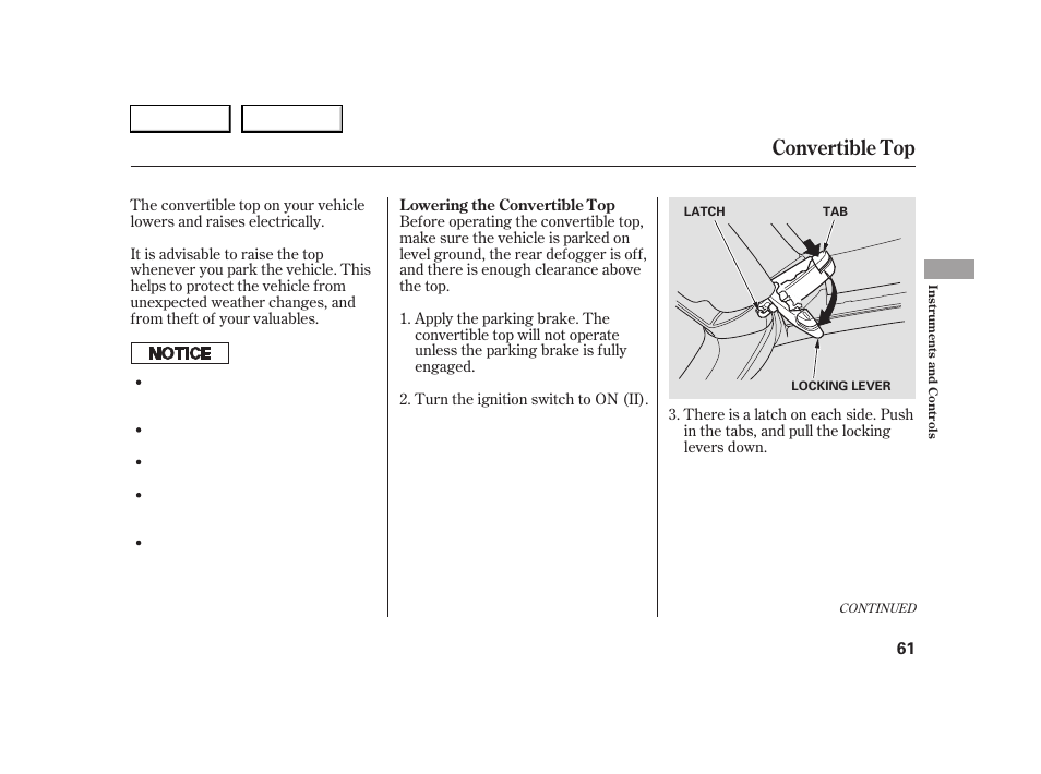 Convertible top | HONDA 2005 S2000 - Owner's Manual User Manual | Page 63 / 209