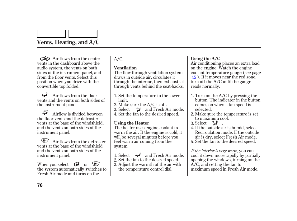 Vents, heating, and a/c | HONDA 2005 S2000 - Owner's Manual User Manual | Page 78 / 209