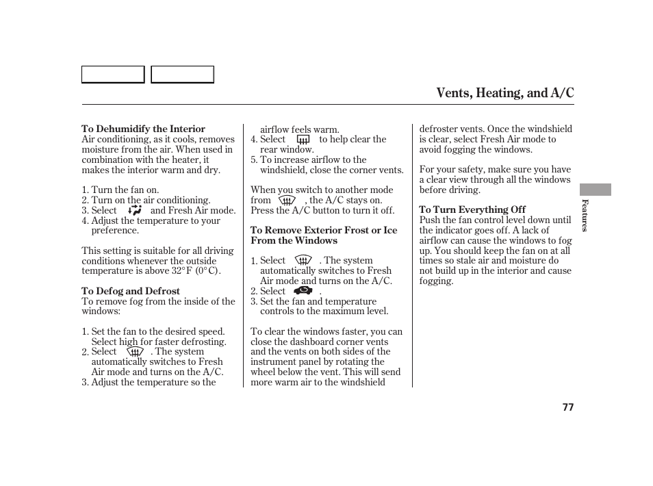 Vents, heating, and a/c | HONDA 2005 S2000 - Owner's Manual User Manual | Page 79 / 209