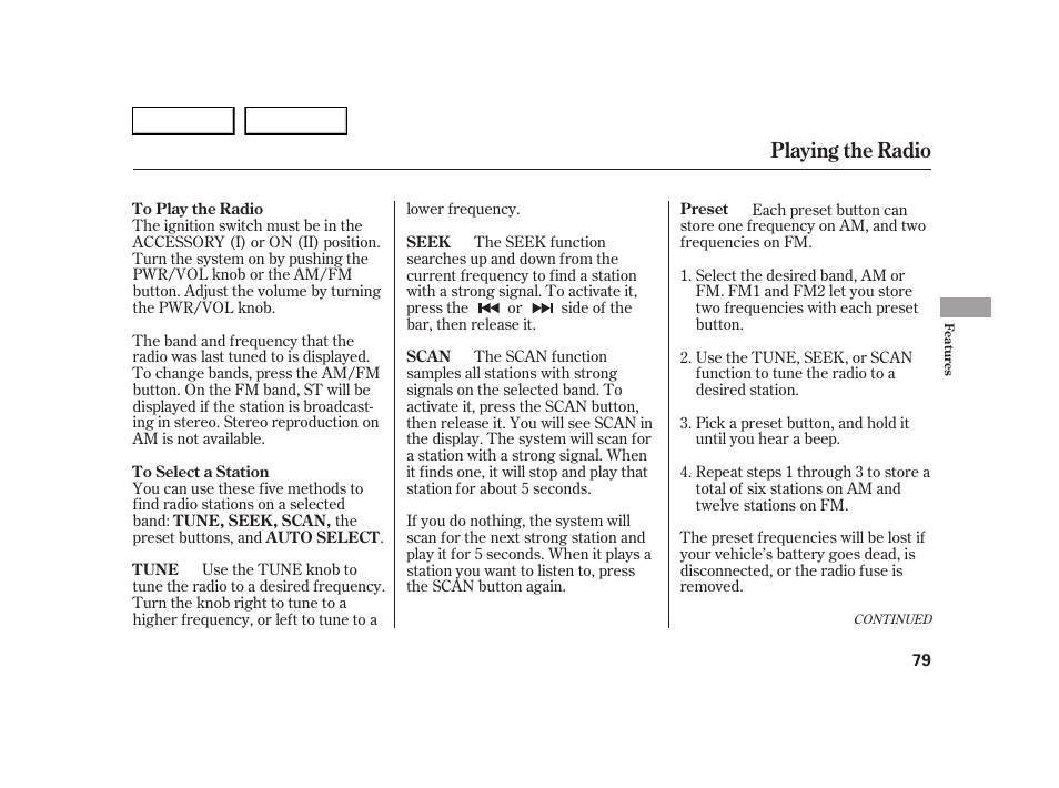 Playing the radio | HONDA 2005 S2000 - Owner's Manual User Manual | Page 81 / 209