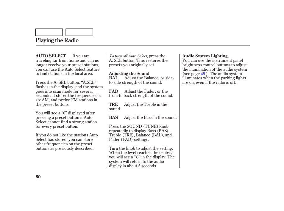 Playing the radio | HONDA 2005 S2000 - Owner's Manual User Manual | Page 82 / 209