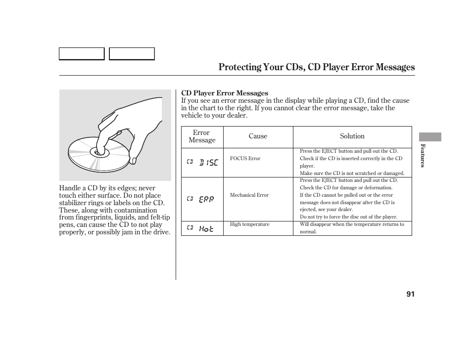 Protecting your cds, cd player error messages | HONDA 2005 S2000 - Owner's Manual User Manual | Page 93 / 209