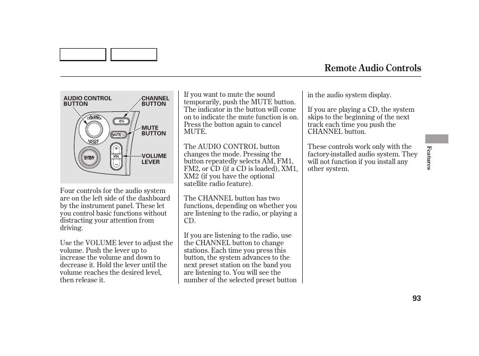 Remote audio controls | HONDA 2005 S2000 - Owner's Manual User Manual | Page 95 / 209