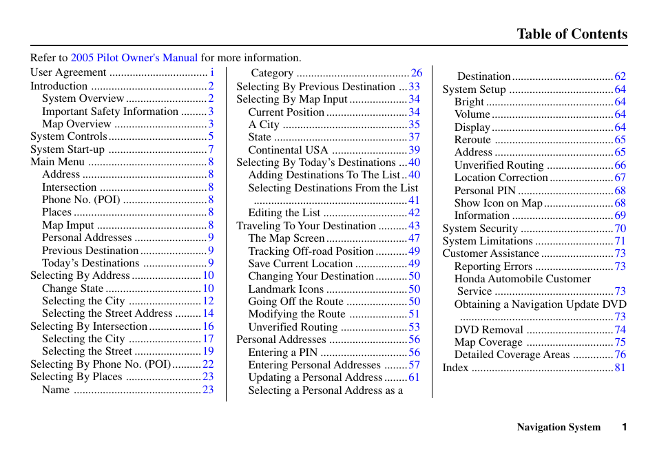 HONDA 2005 Pilot - Navigation Manual User Manual | 1 page