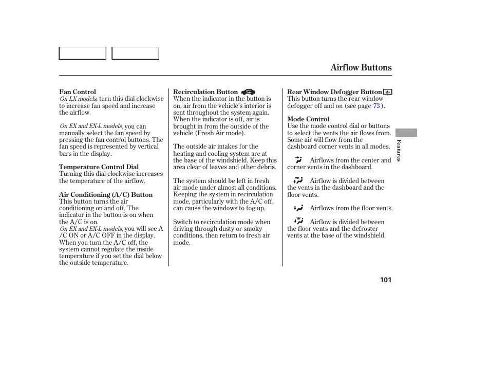 Airflow buttons | HONDA 2005 Pilot - Owner's Manual User Manual | Page 103 / 273