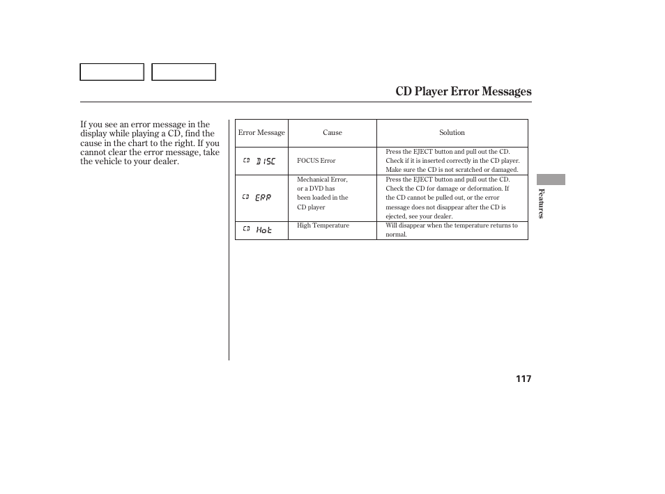 Cd player error messages | HONDA 2005 Pilot - Owner's Manual User Manual | Page 119 / 273