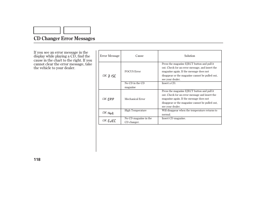Cd changer error messages | HONDA 2005 Pilot - Owner's Manual User Manual | Page 120 / 273