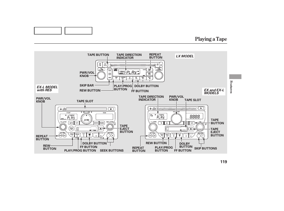 Playing a tape | HONDA 2005 Pilot - Owner's Manual User Manual | Page 121 / 273