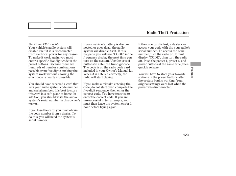 Radio theft protection | HONDA 2005 Pilot - Owner's Manual User Manual | Page 125 / 273